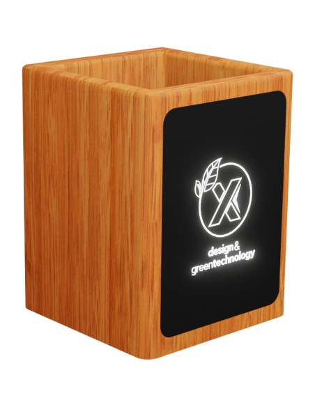 Soporte para lápices de madera con logotipo retroiluminado y doble salida USB "SCX.design O12"