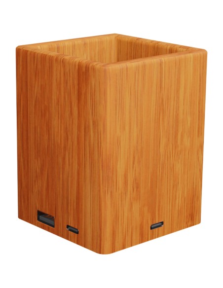 Soporte para lápices de madera con logotipo retroiluminado y doble salida USB "SCX.design O12"