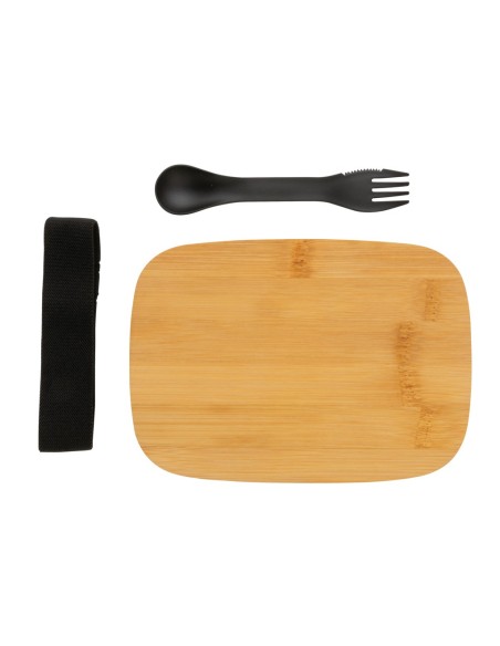 Fiambrera de acero inoxidable con tapa de bambú y cubiertos