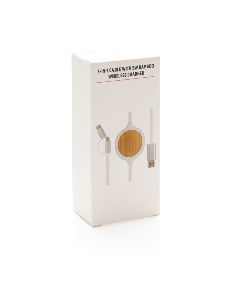 Cable 3 en 1 con cargador inalámbrico de bambú de 5W