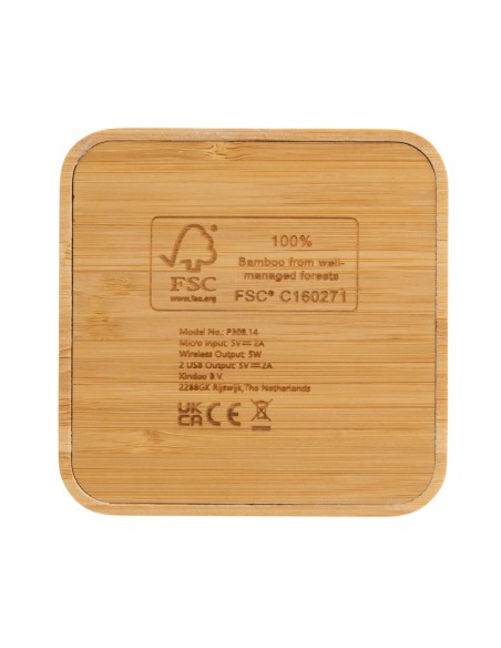 Cargador inalámbrico de 5W de bambú certificado FSC® con USB