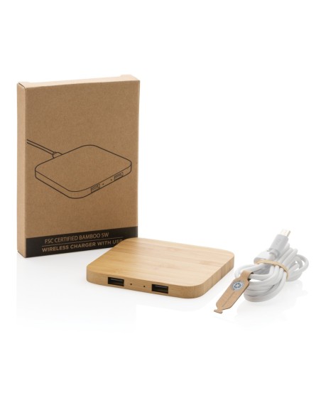 Cargador inalámbrico de 5W de bambú certificado FSC® con USB