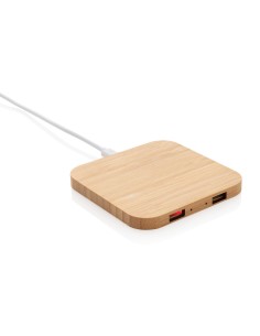 Cargador inalámbrico 5W de bambú con puertos USB