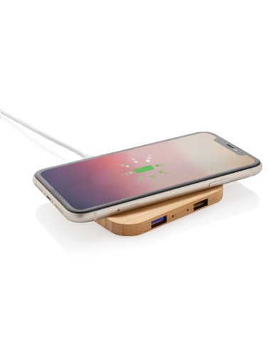 Cargador inalámbrico 5W de bambú con puertos USB