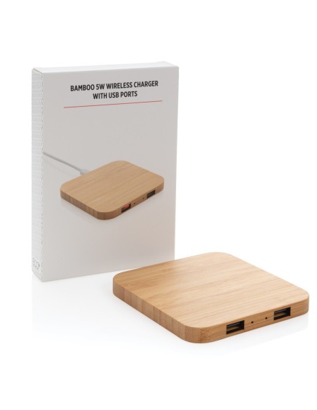 Cargador inalámbrico 5W de bambú con puertos USB
