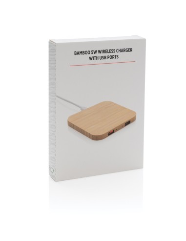 Cargador inalámbrico 5W de bambú con puertos USB