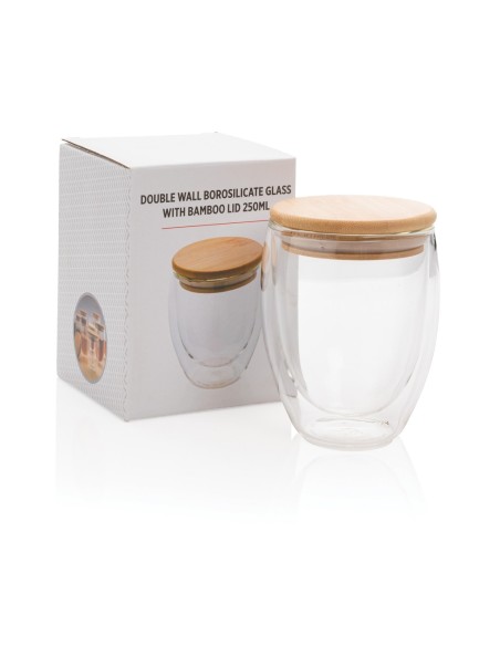 Vidrio de borosilicato de doble pared con tapa de bambú 250m