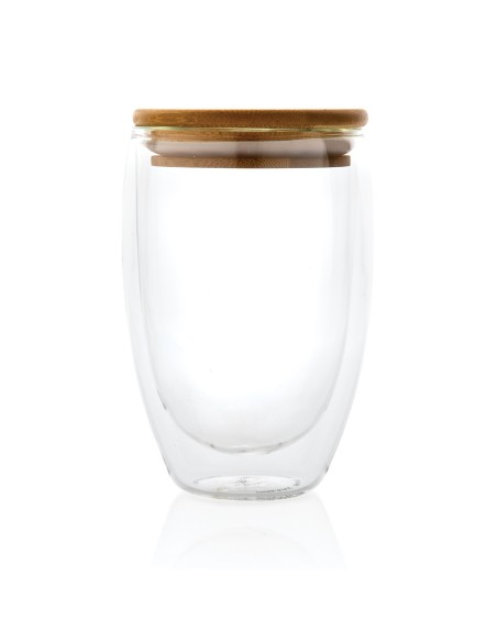 Vidrio de borosilicato de doble pared con tapa de bambú 350m