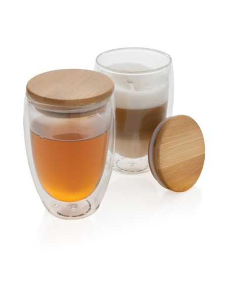 Vidrio de borosilicato de doble pared con tapa de bambú 350m