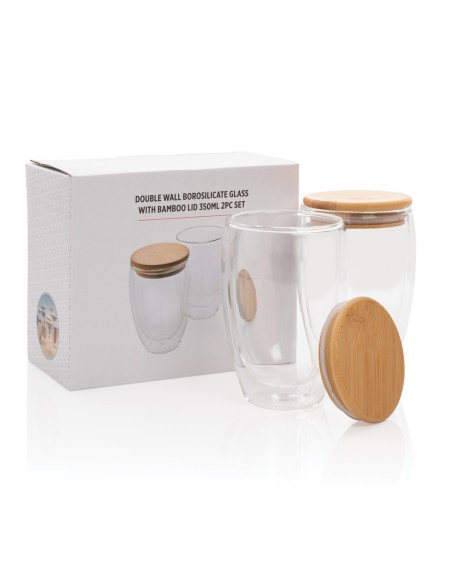Vidrio de borosilicato de doble pared y tapa bambú 350ml