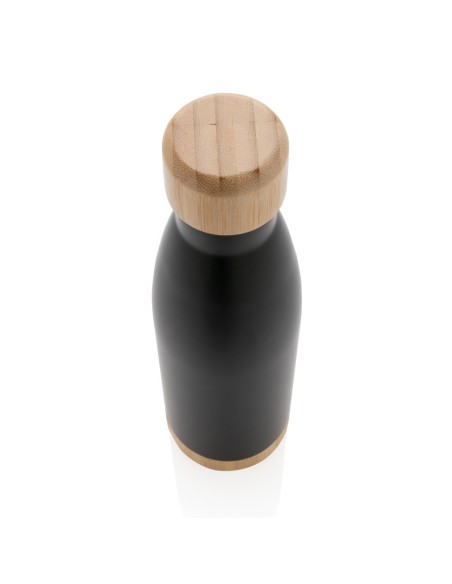 Botella acero inoxidable al vacío con tapa y fondo de bambú