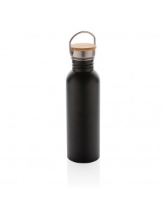 Botella moderna de acero inoxidable con tapa de bambú.