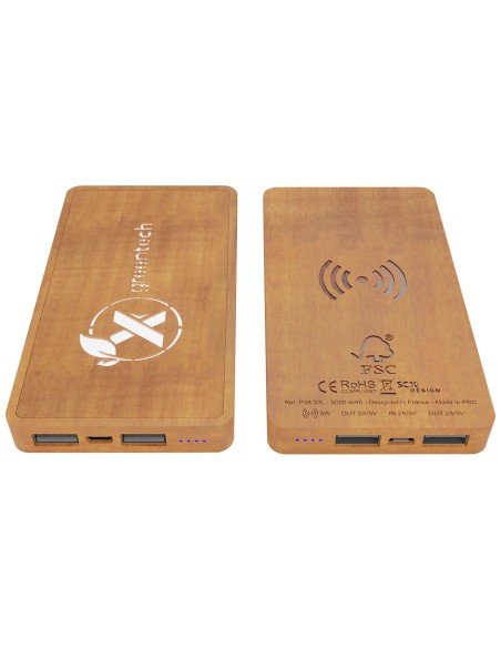 Batería externa de carga inalámbrica en madera de 5000 mAh con logotipo luminoso "SCX.design P38"