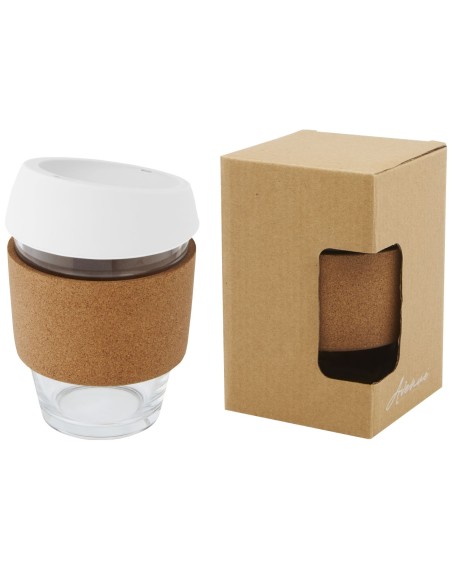 Vaso de vidrio borosilicato de 360 ml con agarre de corcho y tapa de silicona "Lidan"