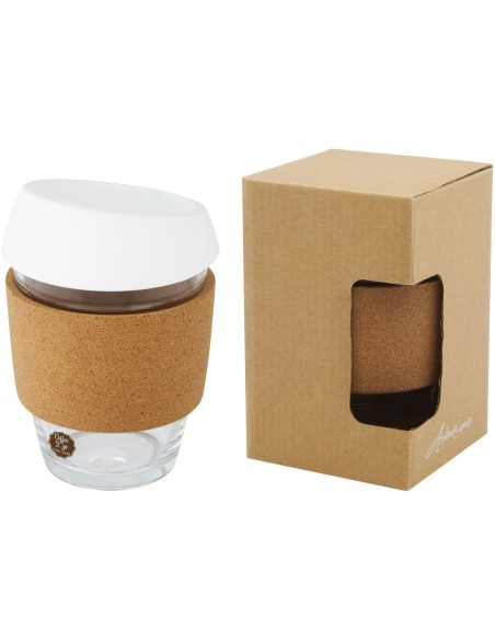 Vaso de vidrio borosilicato de 360 ml con agarre de corcho y tapa de silicona "Lidan"