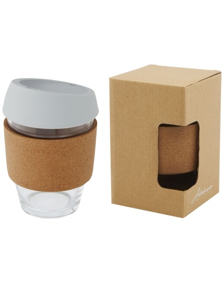 Vaso de vidrio borosilicato de 360 ml con agarre de corcho y tapa de silicona "Lidan"