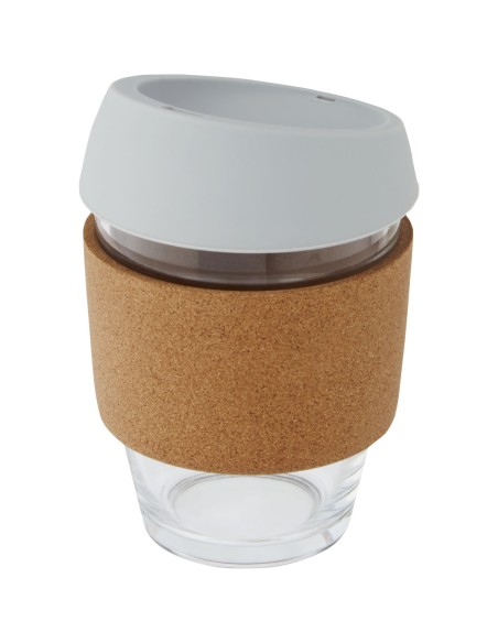 Vaso de vidrio borosilicato de 360 ml con agarre de corcho y tapa de silicona "Lidan"