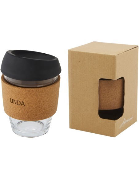 Vaso de vidrio borosilicato de 360 ml con agarre de corcho y tapa de silicona "Lidan"