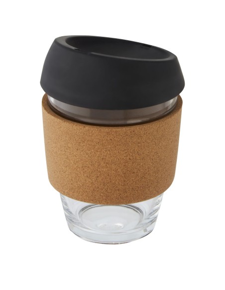 Vaso de vidrio borosilicato de 360 ml con agarre de corcho y tapa de silicona "Lidan"