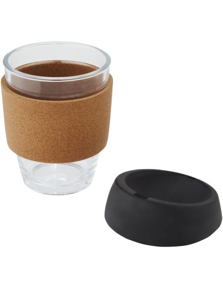 Vaso de vidrio borosilicato de 360 ml con agarre de corcho y tapa de silicona "Lidan"