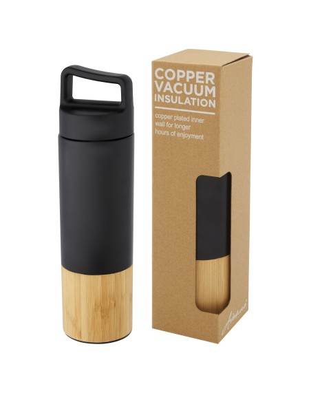 Botella de acero inoxidable con aislamiento al vacío de cobre de 540 ml con pared exterior de bambú "Torne"