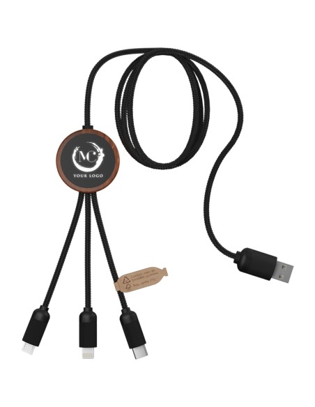 Cable de carga 3 en 1 extendido de PET reciclado con logotipo retroiluminado y estuche redondo de bambú "SCX.design C36"