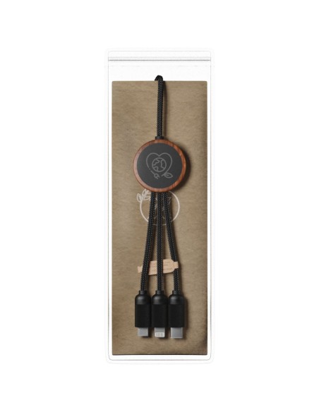 Cable de carga 3 en 1 extendido de PET reciclado con logotipo retroiluminado y estuche redondo de bambú "SCX.design C36"