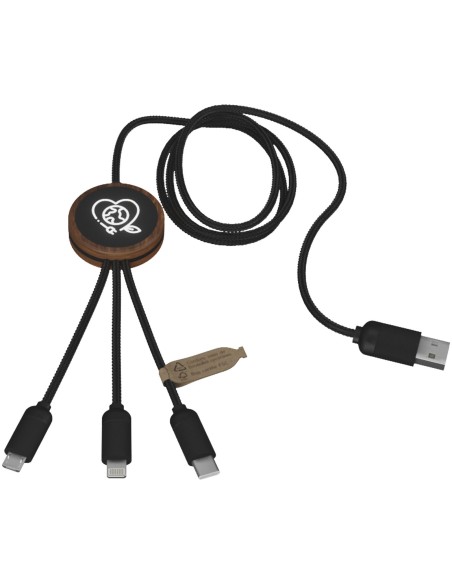 Cable de carga 3 en 1 extendido de PET reciclado con logotipo retroiluminado y estuche redondo de bambú "SCX.design C36"