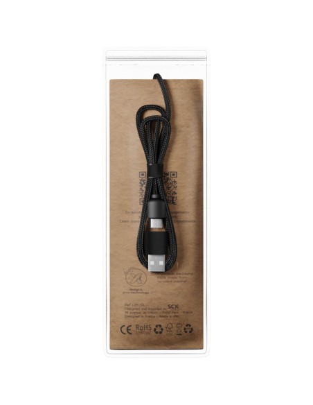 Cable de carga 3 en 1 de PET reciclado con logo retroiluminado y estuche cuadrado de madera "SCX.design C38"