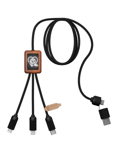 Cable de carga 3 en 1 de PET reciclado con logo retroiluminado y estuche cuadrado de madera "SCX.design C38"