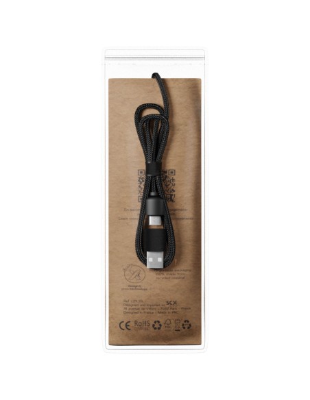 Cable de carga 3 en 1 de PET reciclado con logo retroiluminado y estuche redondo de madera "SCX.design C37"