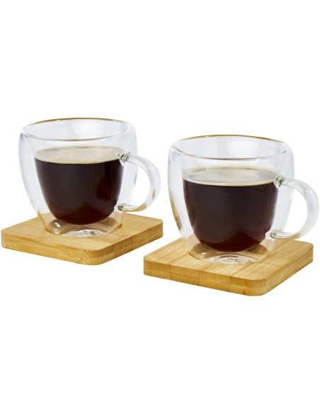 Dos tazas de vidrio de doble pared de 100 ml con posavasos de bambú "Manti"