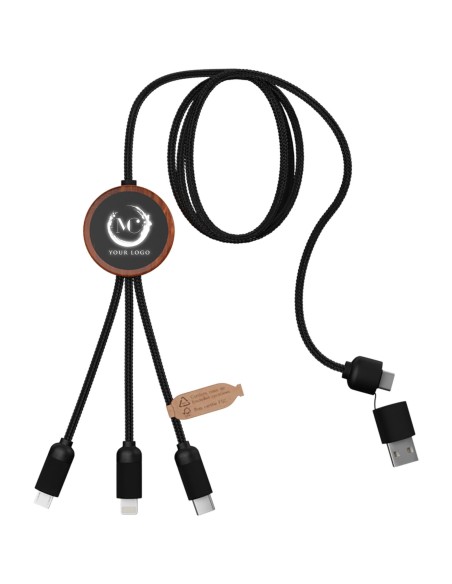 Cable de carga 3 en 1 de PET reciclado con logo retroiluminado y estuche redondo de madera "SCX.design C37"