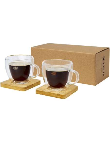 Dos tazas de vidrio de doble pared de 100 ml con posavasos de bambú "Manti"