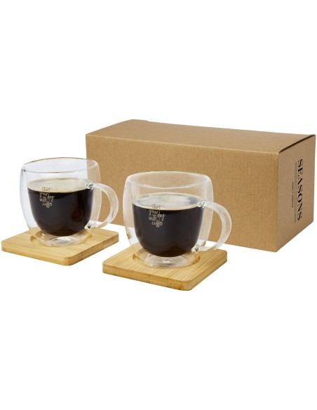 Dos tazas de vidrio de doble pared de 250 ml con posavasos de bambú "Manti"