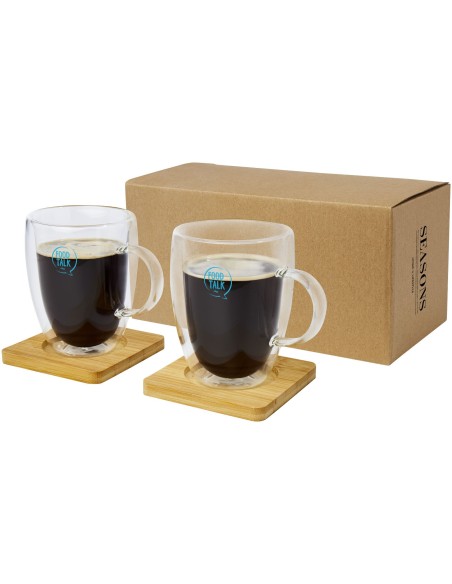 Dos tazas de vidrio de doble pared de 350 ml con posavasos de bambú "Manti"