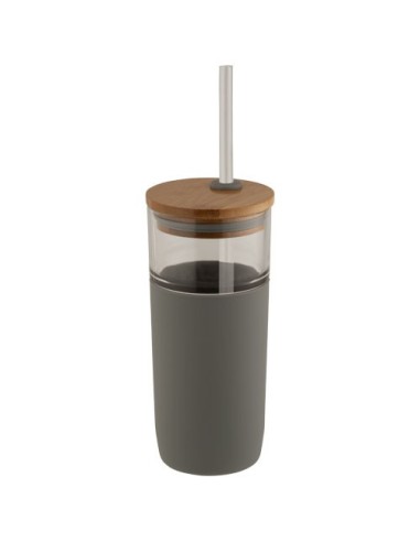 Vaso de vidrio de 600 ml con tapa de bambú "Arlo"