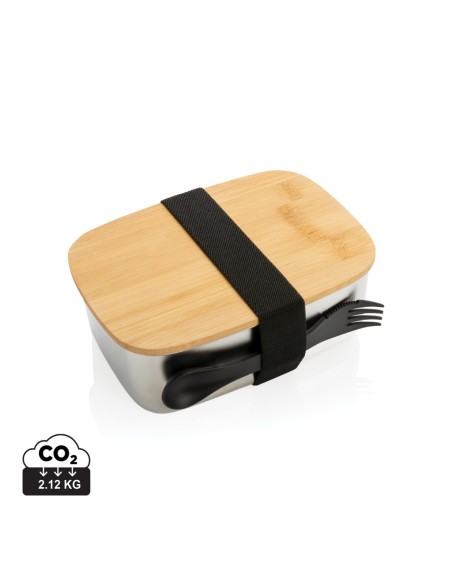 Fiambrera de acero inoxidable con tapa de bambú y cubiertos