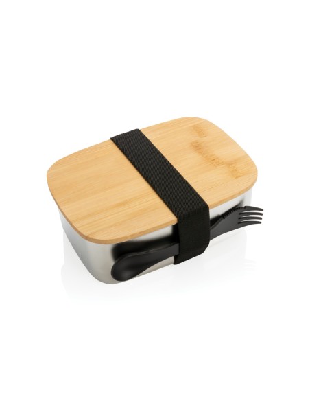 Fiambrera de acero inoxidable con tapa de bambú y cubiertos