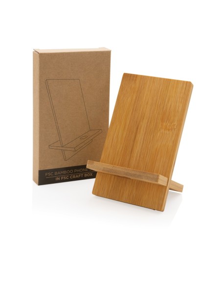Soporte para teléfono de bambú FSC® en caja kraft FSC®