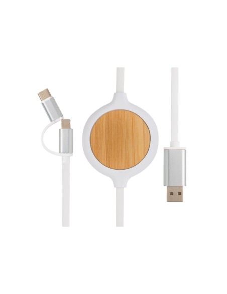 Cable 3 en 1 con cargador inalámbrico de bambú de 5W