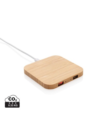 Cargador inalámbrico 5W de bambú con puertos USB