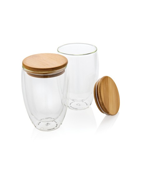 Vidrio de borosilicato de doble pared y tapa bambú 350ml