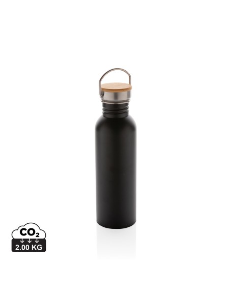 Botella moderna de acero inoxidable con tapa de bambú.